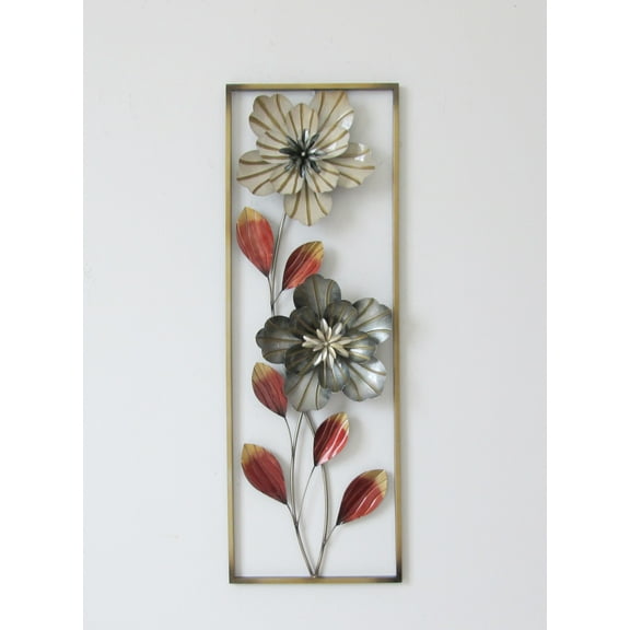 New All American Collection Flower and Leaves Aluminum/ Metal Wall Decor with Frame 12"x36"