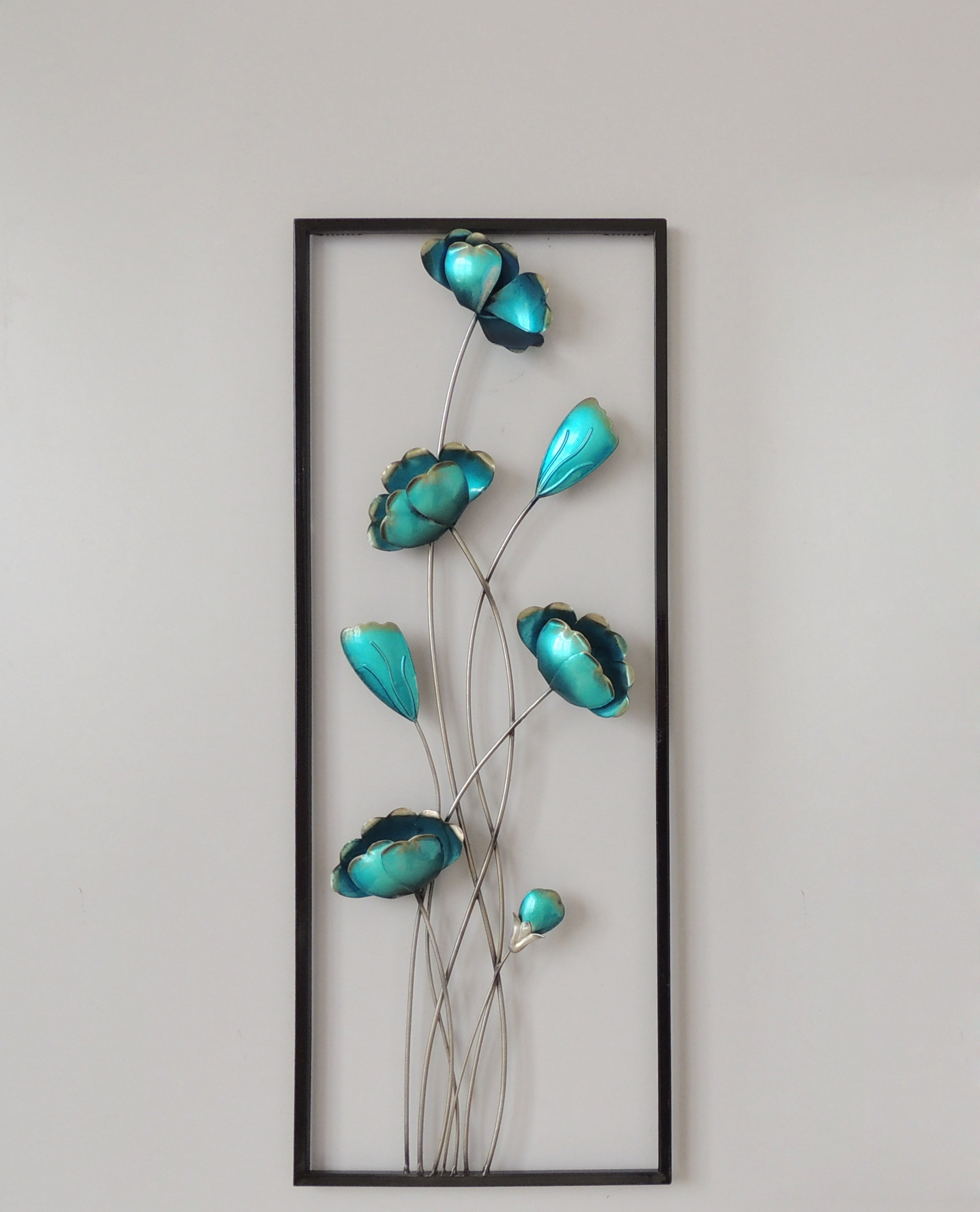 Turquoise Aluminum Flower Wall Art with Black Frame 12"x30"