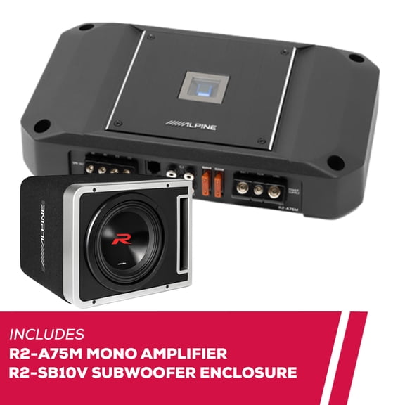 New Alpine R2-A75M Mono Amplifier with R2-SB10V 10" Preloaded Subwoofer Enclosure