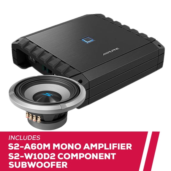 New Alpine S-Series S2-A60M Mono Amplifier with S2-W10D2 10" Component Subwoofer