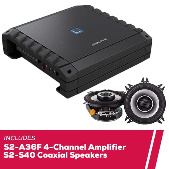 New Alpine S2-A36F 60W RMS 4-Channel Car Amp with S2-S40 4" 2-Way Coaxial Speakers