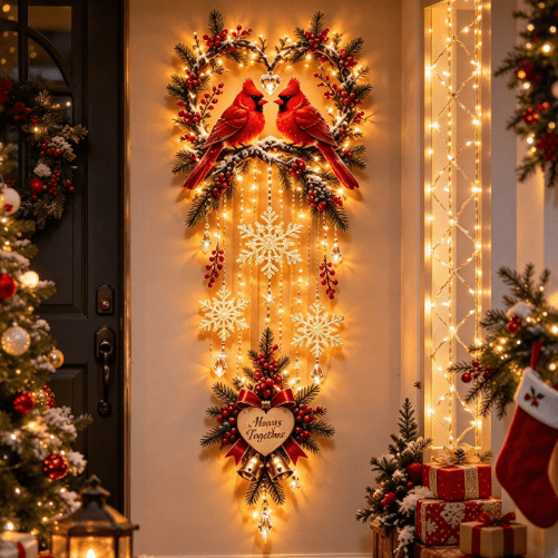 New Always Together Cardinals Lighted Christmas Wall Decor, NRed Cardinal Bird Christmas Wall Hanging, Battery Operated LED Fairy Lights, Snowflake & Bell Detail, Romantic Christmas Home Accent