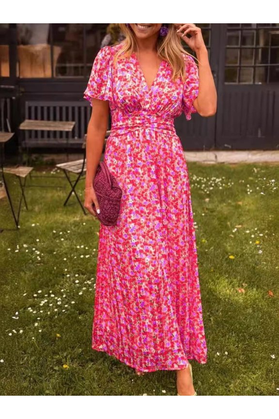 New Amazon women's elegant printed waist-cinching V-neck dress