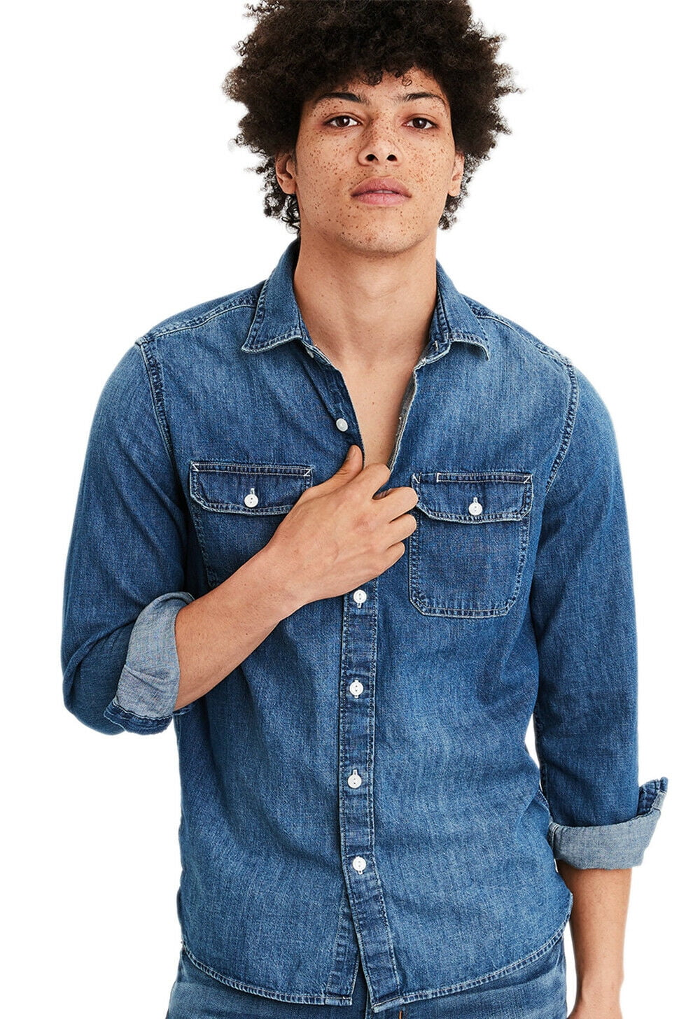 New American Eagle Mens Long Sleeve Denim Button Up Shirt Washed