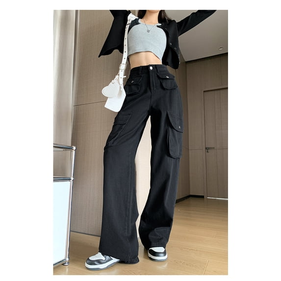 New American style workwear pants for women jeans for women in spring and autumn high waisted slimming straight leg loose casual wide leg pants