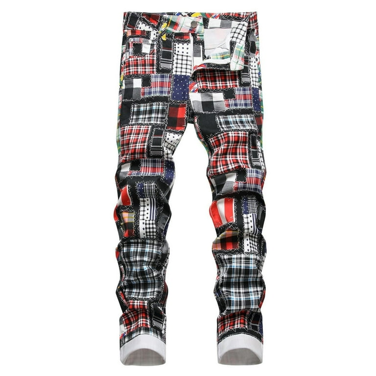 New And Style Digital Printed Plaid Patchwork Straight Cylinder Color Contrast Slim Stretch Denim Pants Dress Pants For Men Walmart