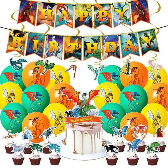 New Animation The Wings of Fire Theme Birthday Party Decoration Supplies Set, Flying Dragon Balloon Banner Flag Cake Toppers Card Props