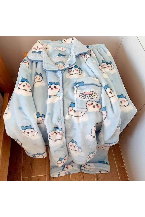 New Anime Female Chiikawa Pajamas Suit Winter Hachiware Cartoon Coral Fleece Sleepclothes Flannel Velvet Thicken Homewear Suit