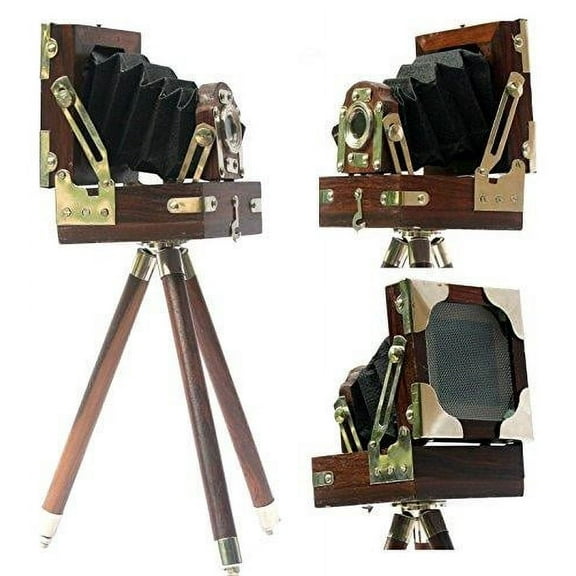 New Antique Vintage Look Film Camera Wooden Tripod Collectible Studio Gift Item Brown Color (10 Inches)
