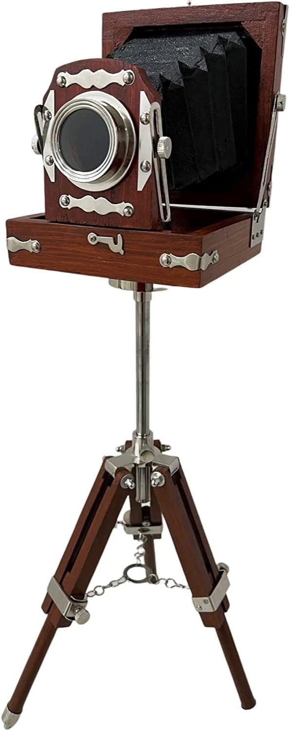 New Antique Vintage Look Film Camera Wooden Tripod Collectible Studio Gift Item Brown Color (22 Inches)
