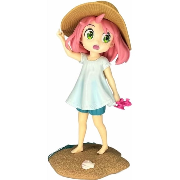 New Anya Figure, Beach Sun Hat Pink Short Hair Anya Forger Anime Figures 18cm/7.1inch Handmade Cosplay PVC Statues Collectible Souvenirs Gifts