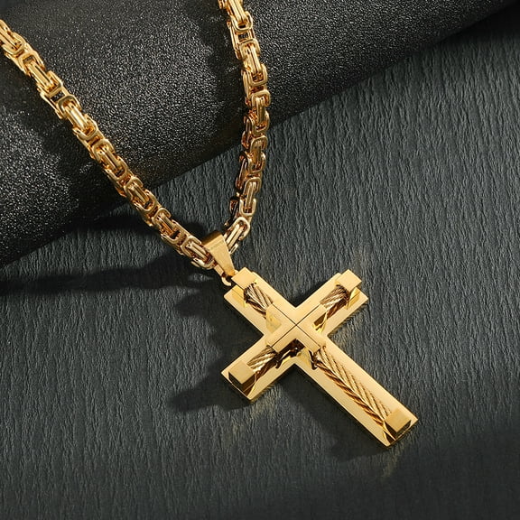 New Arrival 14K Yellow Gold Necklace for Men Vintage Cross Pendant 60cm Long Necklace Chain Fashion Jewelry