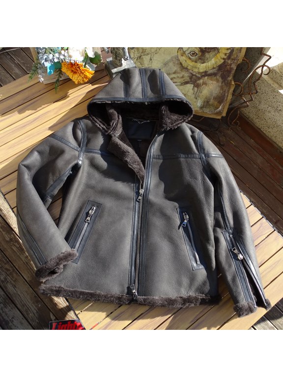 New Arrival 2024 Men's Winter Fashion Coat Genuine Sheepskin Shearling Thick Wool Liner with a Hood Jacket for Male Brown Oversized,46,Brown