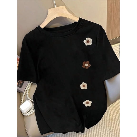 【New Arrival】3D Embroidery Daisy Flower Crew Neck T-Shirt, Women Minimalist Cute Floral Casual Short Sleeve Tee