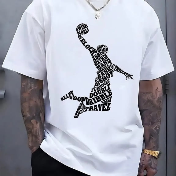 【New Arrival】Basketball Player Typography Silhouette T-Shirt, Sport Terms Word Art Graphic Tee, Casual White Cotton Short Sleeve Shirt
