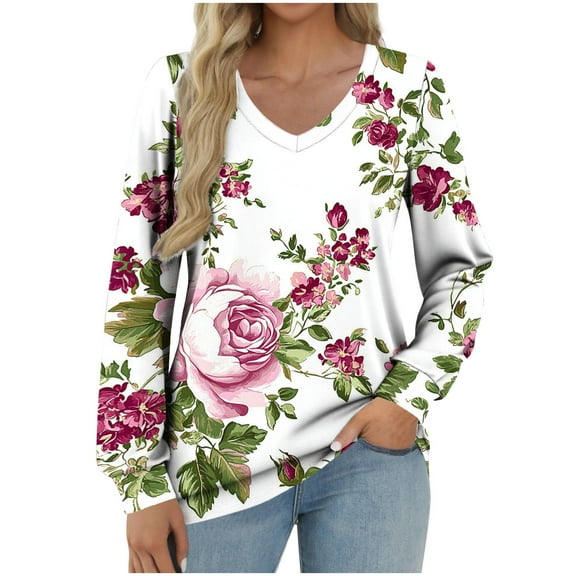 New Arrival Beifu Boho Tops For Women Womens Tops Casual Loose Fit Women Blouses Long Sleeve Floral Plus Size Cotton V Neck T Shirts Women Spring Clothes