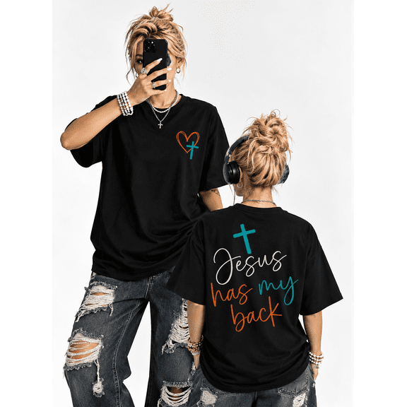 【New Arrival】 Black Women's Christian Graphic T-Shirt, Jesus Has My Back Double-Sided Print Relaxed Fit Short Sleeve Tee