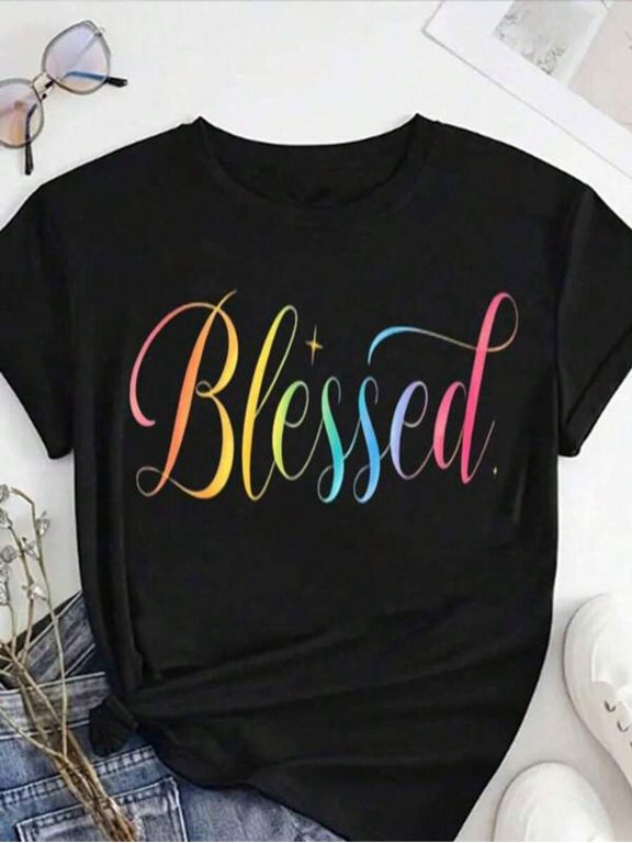 【New Arrival】Blessed Rainbow Gradient Script Letter Graphic T-Shirt, Women’s Inspirational Faith Casual Short Sleeve Tee