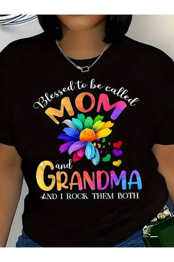 【New Arrival】Blessed To Be Called Mom And Grandma Rainbow Flower Graphic T-Shirt, Women Family Grandma Casual Short Sleeve Tee