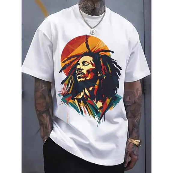 Men's White Bob Marley Reggae Icon Abstract Art Graphic T-Shirt, Crew Neck Casual Top