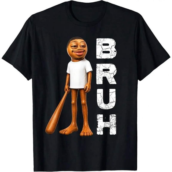 【New Arrival】Bruh Meme Character Baseball Bat Graphic T-Shirt, Unisex Black Short Sleeve Vintage Distressed Humor Casual Tee