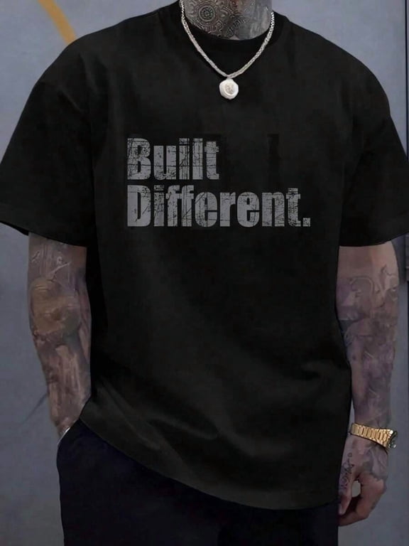 【New Arrival】Built Different Distressed Letter Graphic T-Shirt, Motivational Slogan Crewneck Short Sleeve Tee, Men Casual Streetwear Top