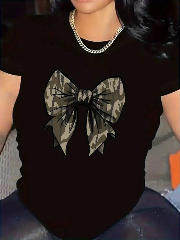 【New Arrival】Camouflage Bow Graphic T-Shirt, Cotton Crew Neck Short Sleeve Tee, Sweet Edgy Casual Wear Hunting Style Female Fashion Gift