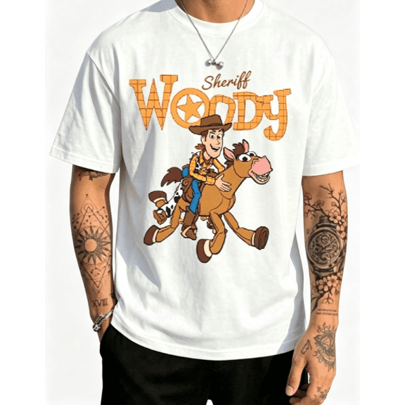 【New Arrival】Cartoon Cowboy Sheriff Character Graphic T‑Shirt, Unisex Crew Neck Short Sleeve Cotton Tee, Retro Animated Movie Casual Fan Top