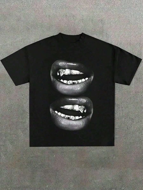 【New Arrival】Cartoon Grills Metallic Mouth Lips Vintage Street Graphic T-Shirt, Unisex Cotton Crew Neck Hip Hop Urban Casual Tee, Rap Culture Novelty Gift