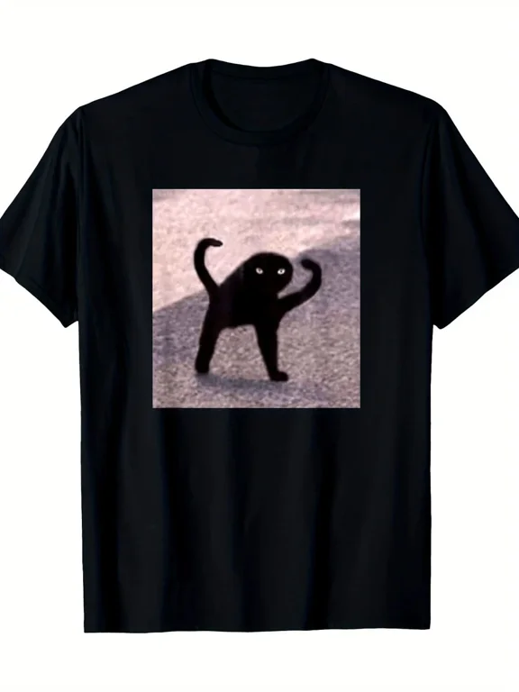 【New Arrival】Confident Fighting Black Cat Meme Graphic T-Shirt, Funny Cat Lover Unisex Black Casual Short Sleeve Tee