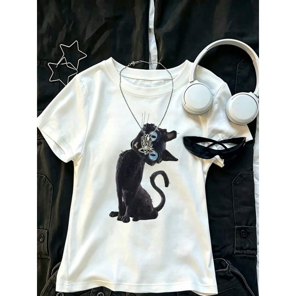 【New Arrival】Cute Blue-Eyed Black Cat Graphic T-Shirt | Unique Cat-Themed Casual Short Sleeve | Unisex White Top Show off your love for cats and your distinctive taste!