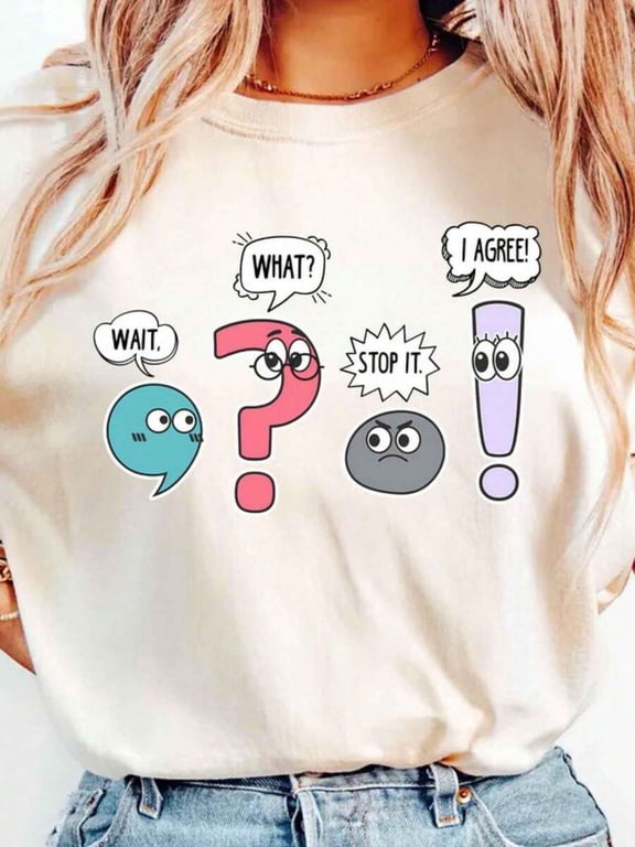 【New Arrival】Cute Cartoon Punctuation Marks Funny Meme Graphic T-Shirt, Unisex Cotton Crew Neck Language Teacher Student Casual Tee, English Teacher Gift