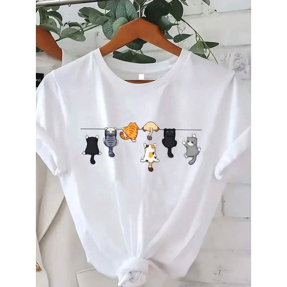 【New Arrival】Cute Hanging Cats On Clothesline Graphic T-Shirt, Unisex Funny Cartoon Kitten Casual Short Sleeve Tee
