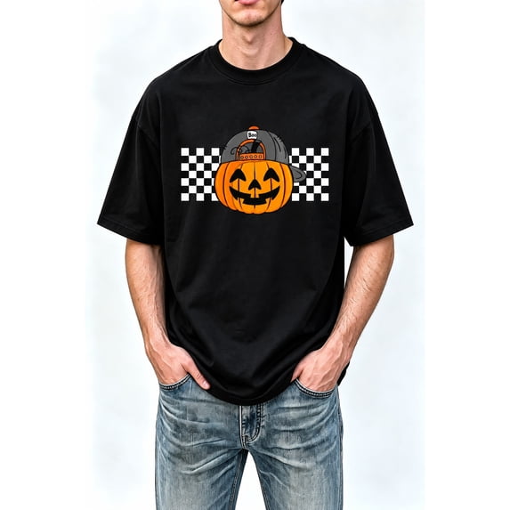 【New Arrival】 Cute Jack O Lantern Graphic Tee, Pumpkin Baseball Cap Checkerboard Halloween T-Shirt