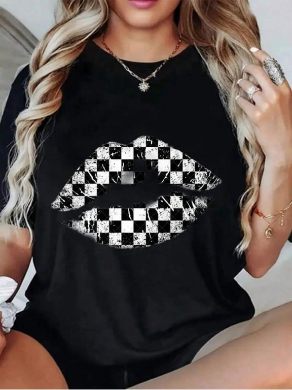 【New Arrival】Distressed Checkerboard Lip Graphic T-Shirt, Cotton Crew Neck Short Sleeve Tee, Retro Grid Lips Casual Streetwear Women Daily Top Gift