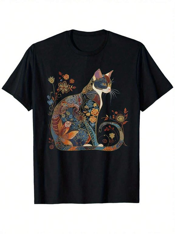 【New Arrival】Painted Cat Print T-Shirt for Men Women Short Sleeve Casual Graphic Tee Floral Boho Style