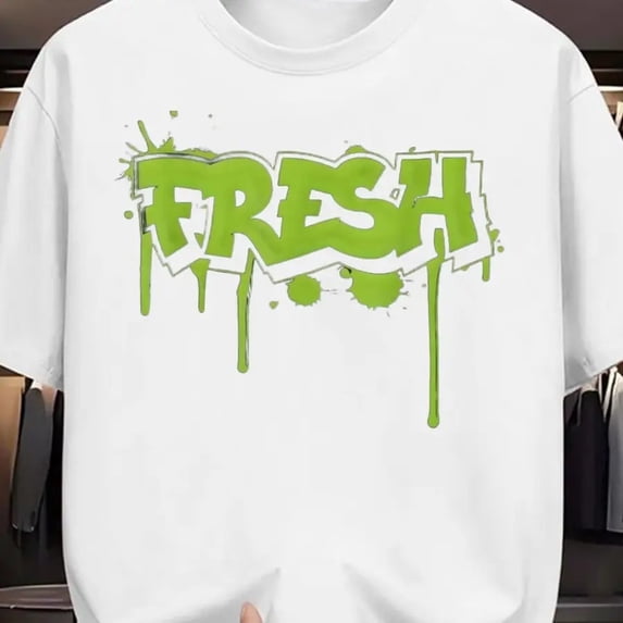 【New Arrival】FRESH Graffiti Style T-Shirt - Green Paint Drip Streetwear Graphic Tee, White Cotton Casual Top for Urban Style