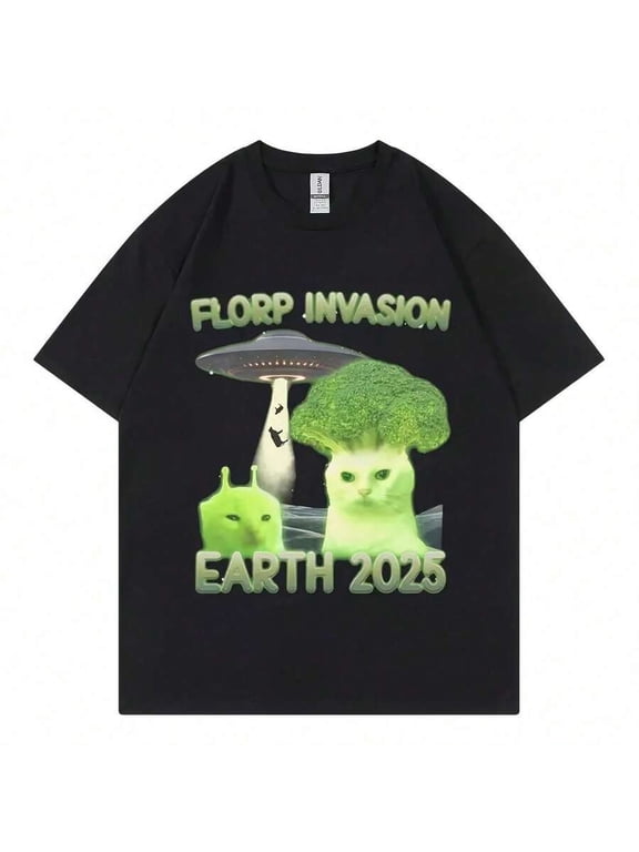 【New Arrival】Florp Invasion Earth 2025 Alien Broccoli Cat UFO Graphic T-Shirt, Funny Sci-Fi Meme Casual Short Sleeve Tee Gift For Cat Lovers & Outer Space Fans