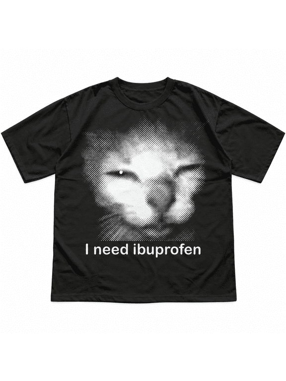 【New Arrival】 Funny Cat Meme Graphic T-Shirt, Ibuprofen Quote Halftone Short Sleeve Crew Neck Tee