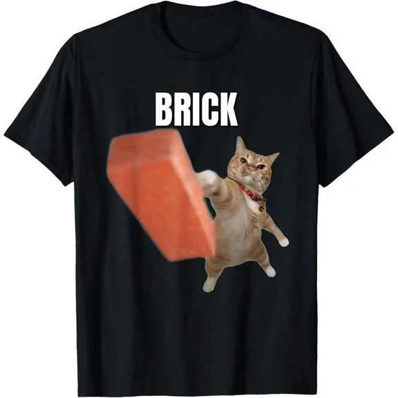 【New Arrival】Funny Cat Throwing Brick Meme Graphic T-Shirt, Viral Internet Humor Casual Short Sleeve Tee Gift For Cat Lovers & Meme Fans
