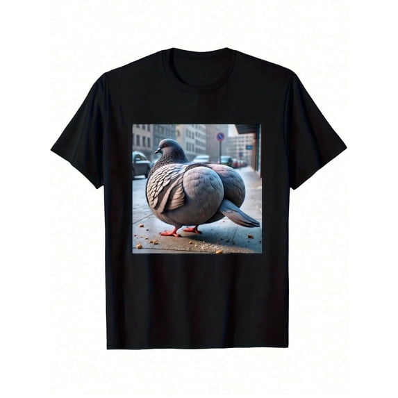 【New Arrival】Funny Chubby City Pigeon Street View Graphic T-Shirt, Humorous Animal Meme Black Casual Short Sleeve Tee