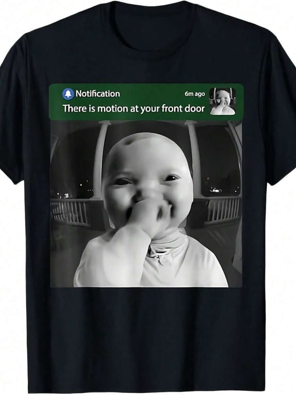 【New Arrival】Funny Front Door Motion Alert Cartoon Baby Graphic T-Shirt, Unisex Cotton Crew Neck Weird Meme Casual Tee, Quirky Humor Novelty Gift