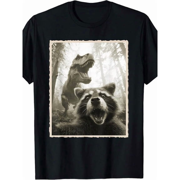 【New Arrival】Funny Raccoon Selfie With T-Rex Dinosaur Vintage Photo Graphic T-Shirt, Unisex Casual Animal Humor Novelty Short Sleeve Tee