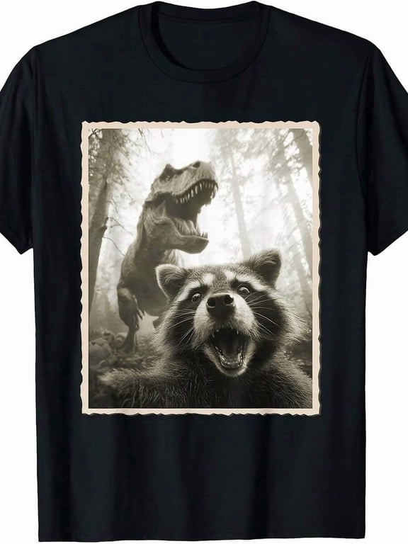 【New Arrival】Funny Raccoon Selfie With T-Rex Dinosaur Vintage Photo Graphic T-Shirt, Unisex Casual Animal Humor Novelty Short Sleeve Tee