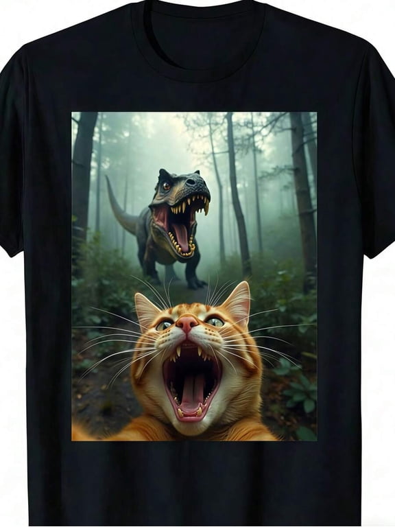 【New Arrival】Funny Selfie Cat With Background T-Rex Forest Graphic T-Shirt, Soft Cotton Crew Neck Short Sleeve Tee, Casual Humor Streetwear Novelty Gift For Cat Dinosaur Lovers