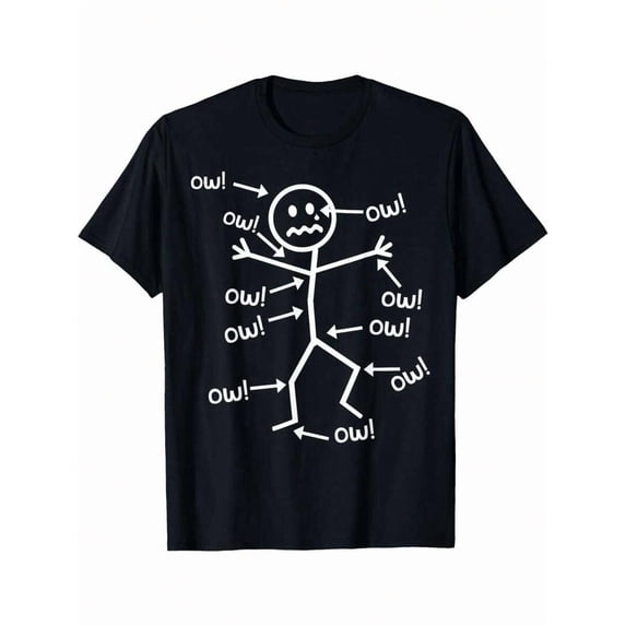 【New Arrival】Funny Sore Stick Figure Ow Text Graphic T-Shirt, Soft Cotton Crew Neck Short Sleeve Tee, Casual Humor Daily Wear Novelty Gift For Workout Fitness Lovers