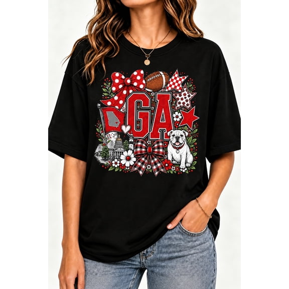 【New Arrival】 GA State Graphic Tee, Bulldog Football Floral Bow Game Day Short Sleeve T-Shirt