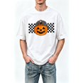 thumbnail image 1 of 【New Arrival】 Halloween Pumpkin Graphic T-Shirt, Jack O Lantern Checkerboard Short Sleeve Crew Neck Tee, 1 of 8