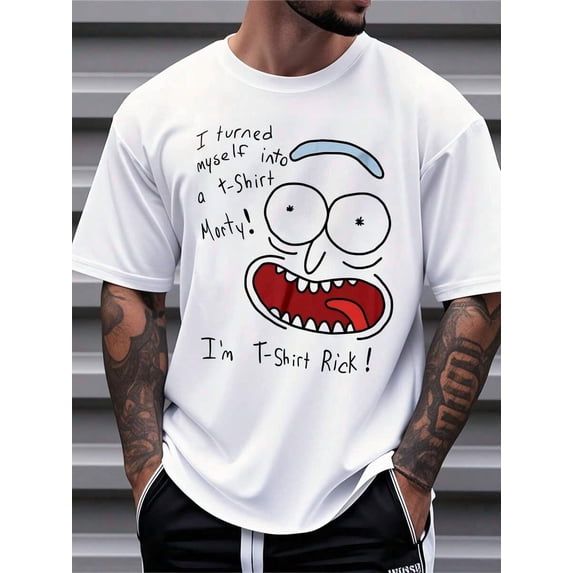【New Arrival】Hand Drawn Surreal Sci-Fi Cartoon Face Handwriting Quote T-Shirt, Soft Cotton Crew Neck Short Sleeve Casual Streetwear Tee, Humor Graphic Gift For Animation Art Fans