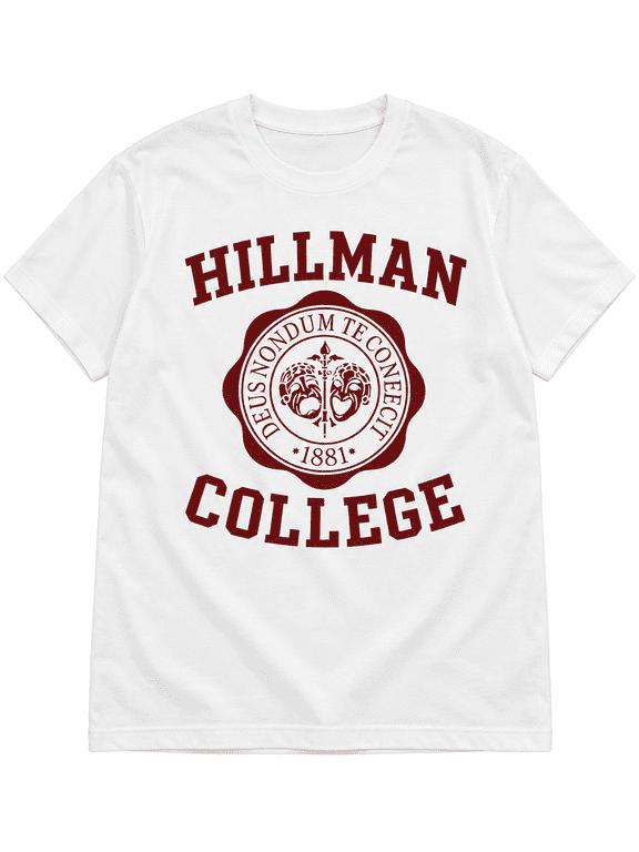 【New Arrival】 Hillman College Graphic T-Shirt, Retro Varsity Collegiate Seal Short Sleeve Crew Neck Tee